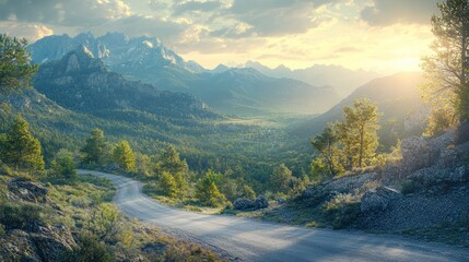 A winding dirt road leads through a valley with snow-capped mountains in the distance, bathed in the golden light of a setting sun.