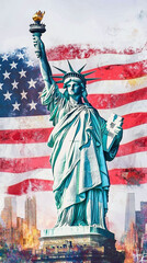 Naklejka premium 2d illustration statue of liberty in front of American flag USA united states of make America great again soft pastel colors mixed media collage drawing painting poster banner filter