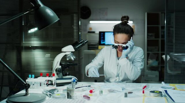 Female forensic scientist in white coat and sterile gloves examining silver chain with magnifying glasses at desk in crime lab