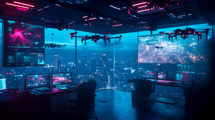 Futuristic surveillance hub with drones and technology overlooking a neon cityscape at night