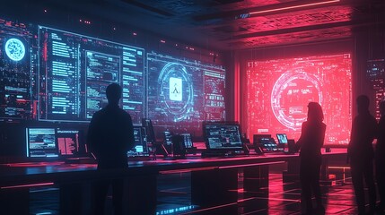 A team of legal professionals analyzing cybercrime evidence, glowing holographic screens displaying encrypted files, identity theft cases, and digital footprints,