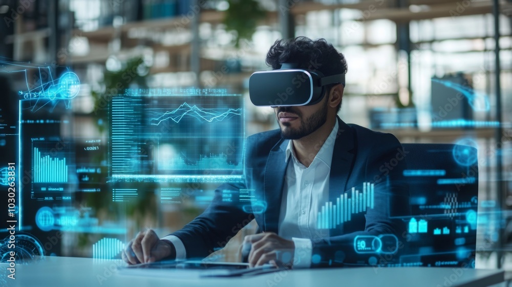 Poster A man wearing a virtual reality headset sits at a desk in an office. The headset displays various graphs and data visualizations