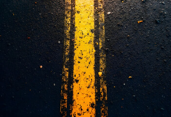 image features close up view of yellow road line on dark asphalt surface, showcasing natural textures and debris. contrast between vibrant yellow and dark background creates striking visual - Powered by Adobe