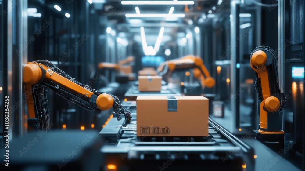Poster In a state-of-the-art warehouse, robotic arms efficiently sort and move packages along a conveyor belt under bright LED lights, showcasing advanced automation during the evening shift.