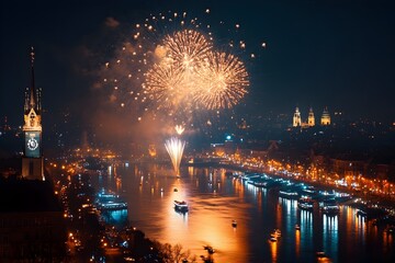 Obraz premium Captivating Fireworks Display Over a Vibrant City Skyline on New Year s Eve