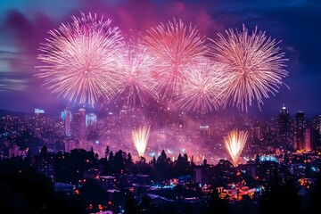 Naklejka premium Dazzling Fireworks Display over a Vibrant City Skyline Celebrating the New Year
