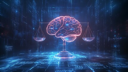 An abstract representation of AI algorithms balancing legal ethics, a digital brain symbolizing AI surrounded by holographic scales of justice, data flows representing fairness and accountability,