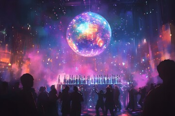 Naklejka premium Dazzling Disco Ball Illuminates Festive Party Stage with Champagne