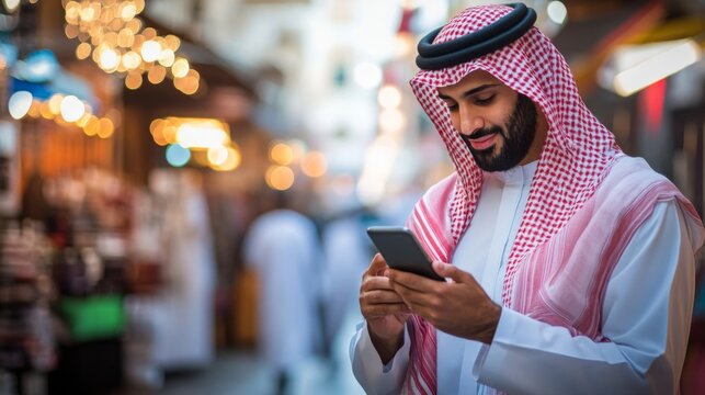 A man wearing a white robe and red and white patterned head covering walks through an outdoor market. He is looking at a phone in his hands. There are blurry lights and people in the background.