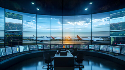 Advanced flight operations center overseeing aircraft traffic and flight management in a modern airport environment