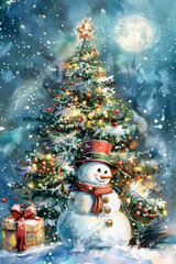 Obraz premium A cheerful snowman stands beside a beautifully decorated Christmas tree under a starry winter night