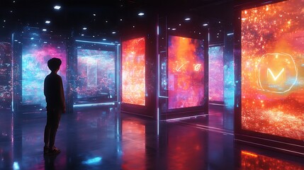 An artist's digital portfolio displayed in a futuristic holographic gallery, each piece protected by intellectual property laws, glowing copyright symbols floating around the artwork,