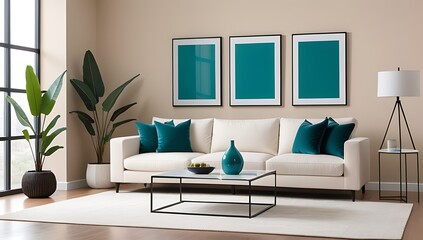 white sofa sits beige wall minimalist modern living room setting teal accents matching frames