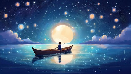 Naklejka premium Boy on a lake in a small boat in Front of the moon and lots of stars in the night sky Comic Sketch Style