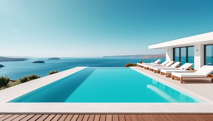 Fototapeta premium beautiful turquoise pool surrounded sunbeds breathtaking sea view perfect relaxing summer getaway atmosphere
