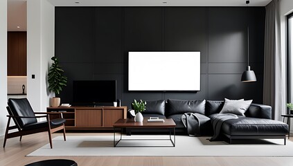 black leather sofa modern scandinavian living room dark wood furniture large tv unit