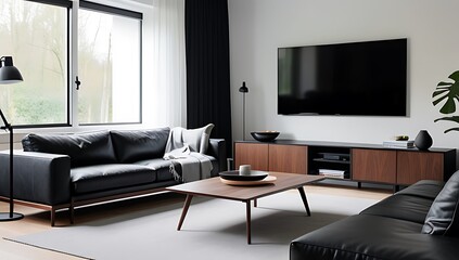 black leather sofa modern scandinavian living room dark wood furniture large tv unit
