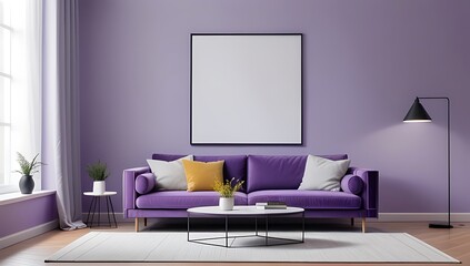 blank poster frame violet sofa modern living room backdrop minimalist decor