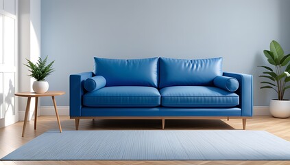 blue sofa modern living room accurately rendered computer graphics style architectural visualization purposes