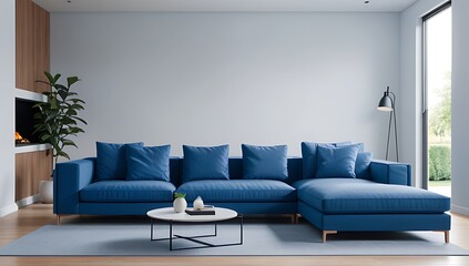 blue sofa modern living room accurately rendered computer graphics style architectural visualization purposes