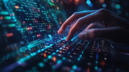 Obraz premium Hands typing on a futuristic digital keyboard, blockchain smart contract details filling up a holographic screen, blockchain code flowing securely in the background,