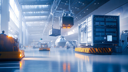 Industrial operations in a modern warehouse exploring the efficient movement of goods and equipment in a high-tech facility