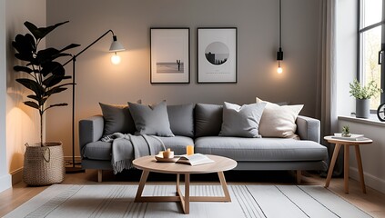 grey sofa surrounded warm lighting creates cozy reading space hygge scandinavian design elements natural textures