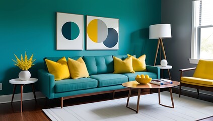 grey walls backdrop teal sofa vibrant yellow pillows mid century style modern living room decor home today