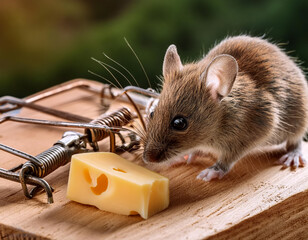 Mouse sniffing at the cheese that is on the mousetrap