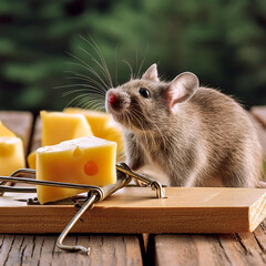Cute mouse sniffing at the cheese that is on the mousetrap
