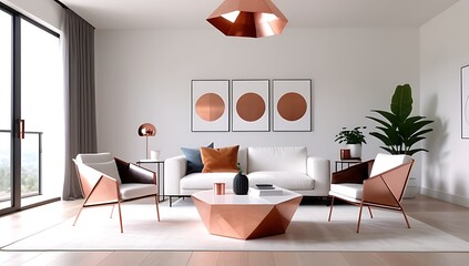 living room interior coffee table white armchairs copper lamp animated scene