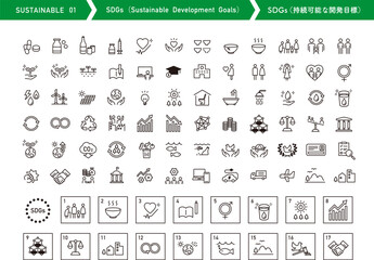 SDGs（持続可能な開発目標）のアイコンセット。サステナブル、エコロジーに関するイラスト。