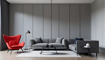 minimalist living room features red armchair grey sofa near paneling wall arch modern space