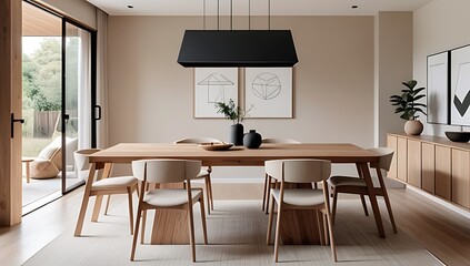 minimalist home features beige chairs rustic wooden dining table japandi style elements