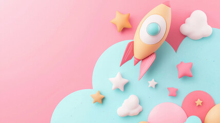 colorful rocket is launching into pastel sky filled with clouds and stars, creating whimsical and playful atmosphere. This design evokes feelings of adventure and creativity