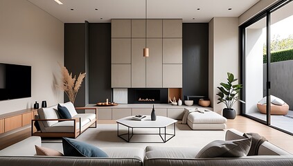 modern japandi style adorns living room within house featuring stucco wall minimalist decor