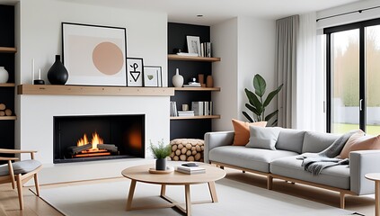 Fototapeta premium modern living room decor features sofa poufs around fireplace wooden shelves scandinavian home interior design style created care