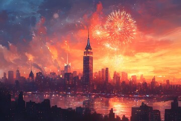 Obraz premium Captivating Cityscape Aglow with Dazzling New Year s Eve Fireworks