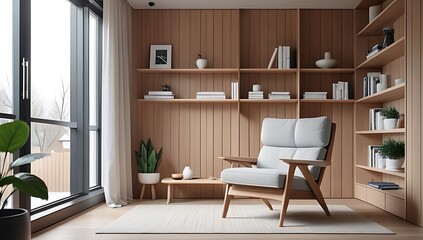 modern living room features cozy armchair near windows wooden paneling floating shelves scandinavian style decor