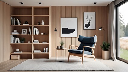 modern living room features cozy armchair near windows wooden paneling floating shelves scandinavian style decor