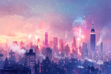 Obraz premium Magnificent Cityscape with Celebratory Fireworks Lighting up the New Year 2025 Sky