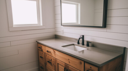 Fototapeta premium Minimalist bathroom with clean lines, a concrete countertop, and matte black faucets set against white walls