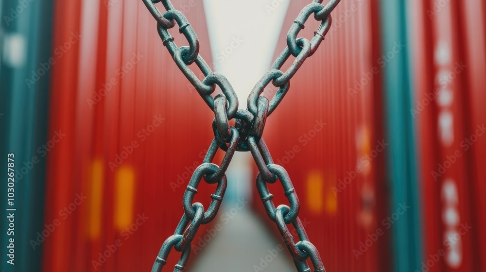 Poster close up view of a broken metal chain blocking the entrance of a shipping container symbolizing the 