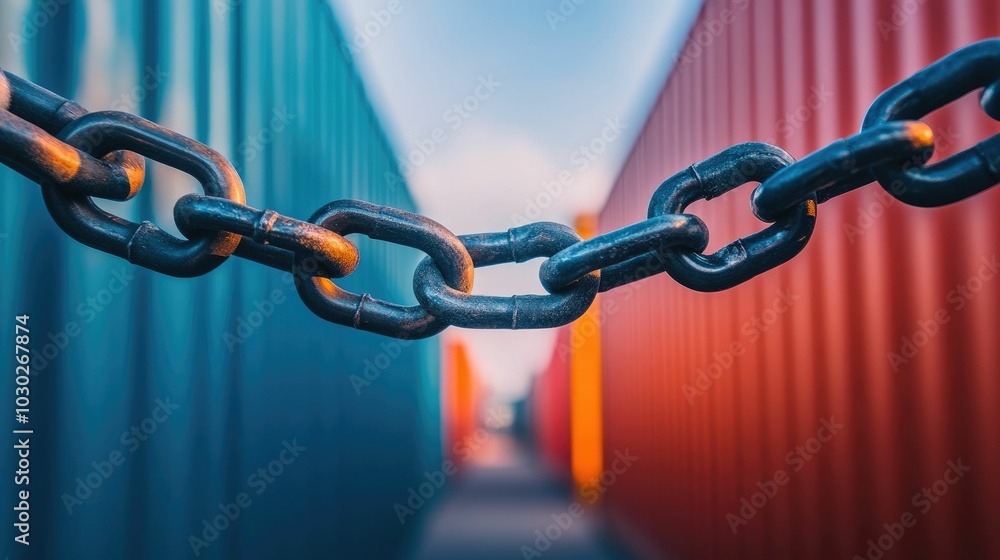 Poster broken metal chain blocking a large shipping container representing the concept of trade barriers in