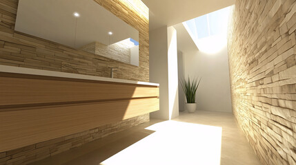 Fototapeta premium Minimalist bathroom with clean lines, a concrete countertop, and matte black faucets set against white walls