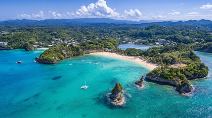 stunning aerial view of tropical beach with clear turquoise waters, lush green hills, and sandy shore. vibrant landscape invites relaxation and adventure