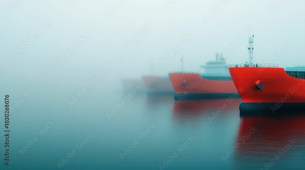 Poster cargo ships anchored at a harbor due to trade restrictions with a foggy horizon obscuring the view t
