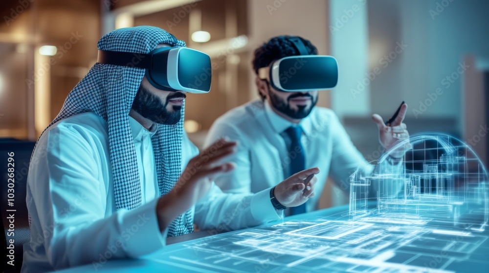 Poster two men wearing traditional attire engage with an interactive virtual reality display in a contempor