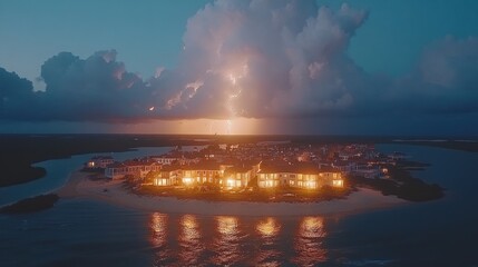 Obraz premium A dramatic sunset over a coastal resort with lightning in the sky.