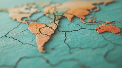 Digitally manipulated of a world map with cracks fractures and fissures emerging between countries symbolizing the breakdown of global trade relations divided trade routes